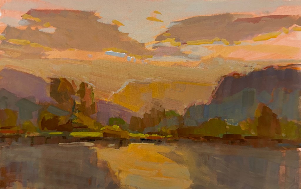 Painting a sunrise on location at Hood River, OR.